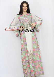 Elegant Cream Color Greenish Palestinian Embroidered Dress Thobe