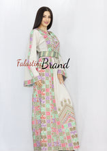 Elegant Cream Color Greenish Palestinian Embroidered Dress Thobe