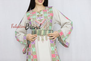 Elegant Cream Color Greenish Palestinian Embroidered Dress Thobe