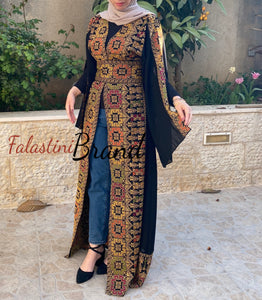 Black Golden Georgette Embroidered Open Abaya Kaftan Maxi Dress Long Split Sleeve