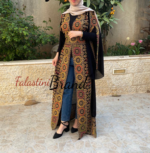 Black Golden Georgette Embroidered Open Abaya Kaftan Maxi Dress Long Split Sleeve