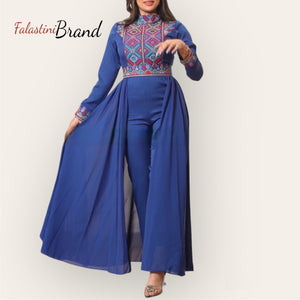 Stylish Blue Jumpsuit Dress Floral Palestinian Embroidery