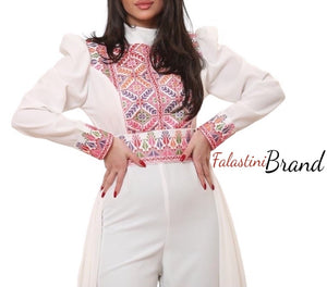 Stylish White Jumpsuit Dress Floral Palestinian Embroidery