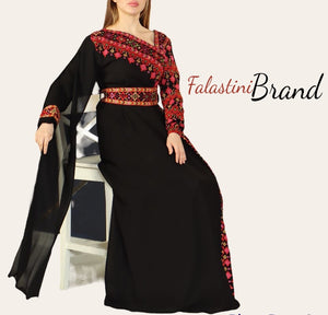 Elegant Black and Red Shoulder Details Embroidered Dress