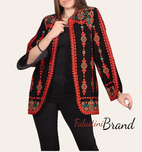 Elegant Palestinian Black And Red Embroidered Jacket