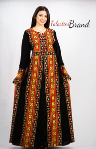 Stylish Fire Color Palestinian Embroidered Abaya Thobe Dress