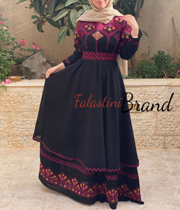 Elegant Black Palestinian Embroidered Cloche Layered Dress