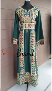 Classy Green Palestinian Embroidered Thobe Dress With Multicolored Embroidery V2