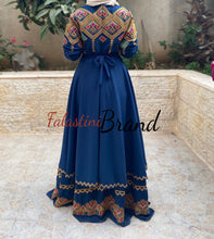 Elegant Navy Palestinian Embroidered Cloche Layered Dress