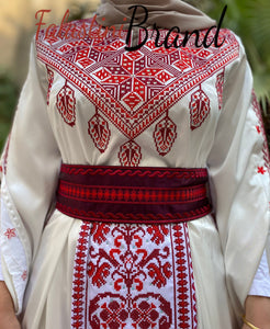 White Satin Flowy Thob Dress With Red Gorgeous Embroidery