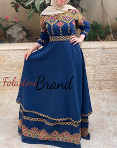 Elegant Navy Palestinian Embroidered Cloche Layered Dress