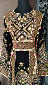 Black Palestinian Embroidered Thobe Dress Stunning Green and Beige Embroidery