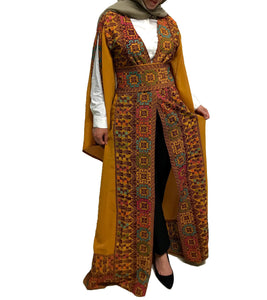 Mustard Georgette Embroidered Open Abaya Kaftan Maxi Dress Long Split Sleeve