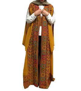 Mustard Georgette Embroidered Open Abaya Kaftan Maxi Dress Long Split Sleeve