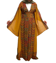 Mustard Georgette Embroidered Open Abaya Kaftan Maxi Dress Long Split Sleeve